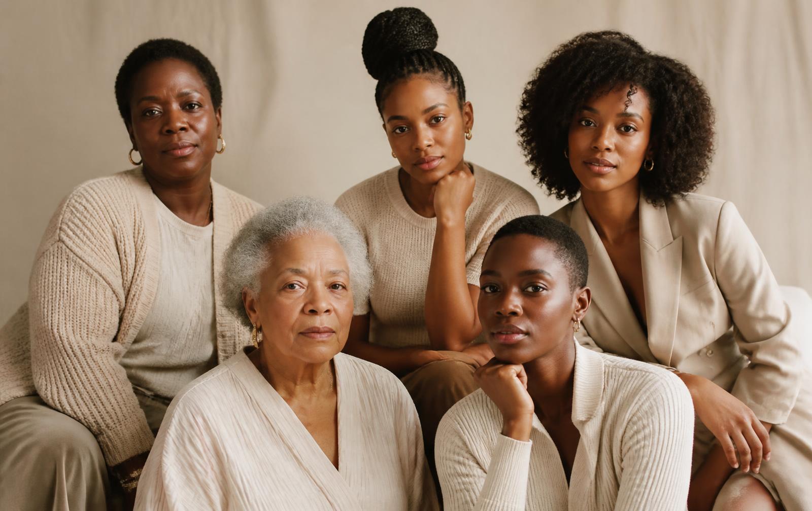 Five South African women of different generations photographed together in soft neutral tones