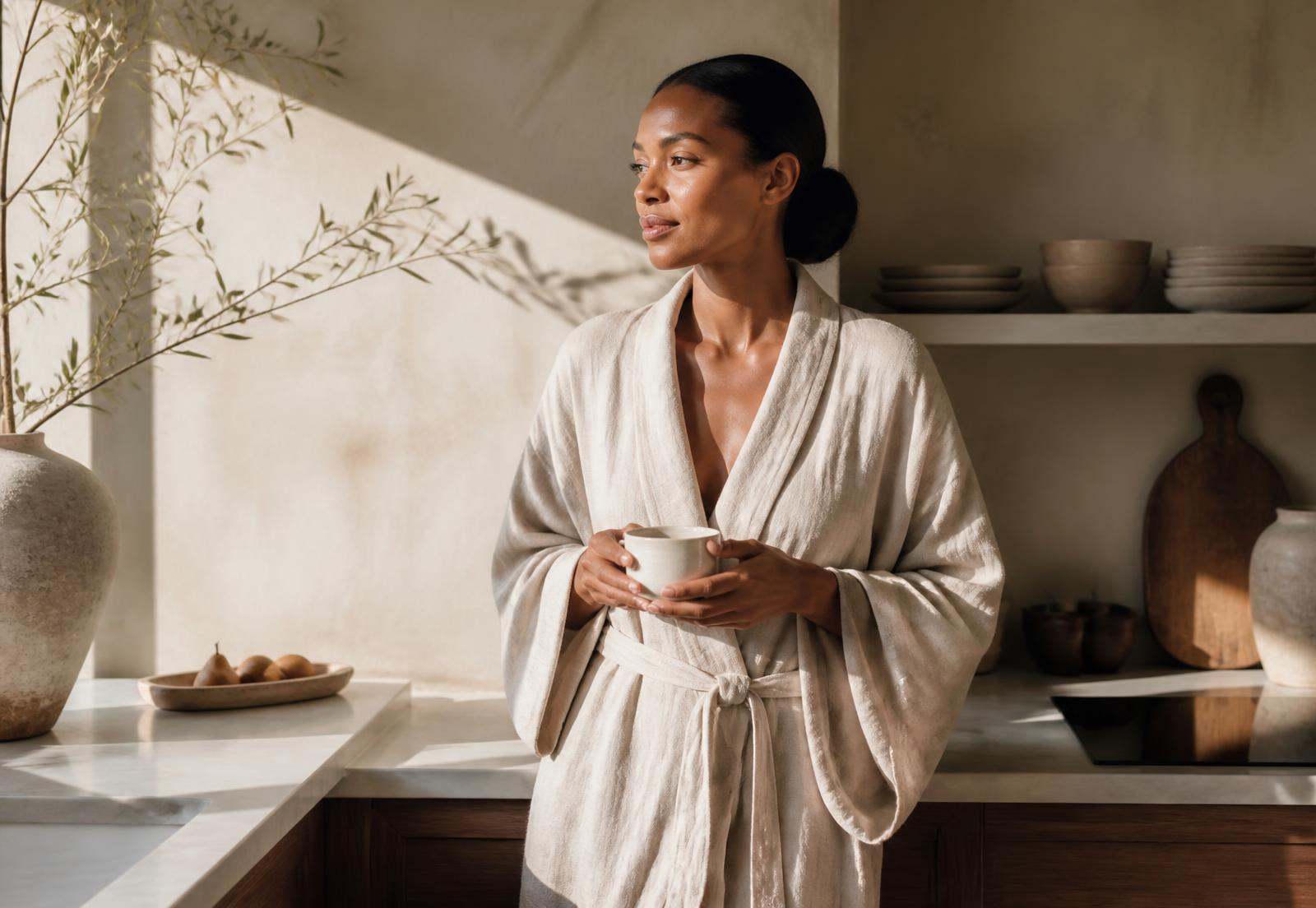 A woman in a sunlit kitchen stirring collagen into her morning coffee